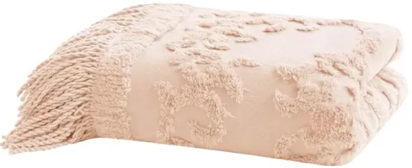 Olliix by Madison Park Chloe Blush 100% Cotton Tufted Chenille Lightweight Throw with Fringe Tassel