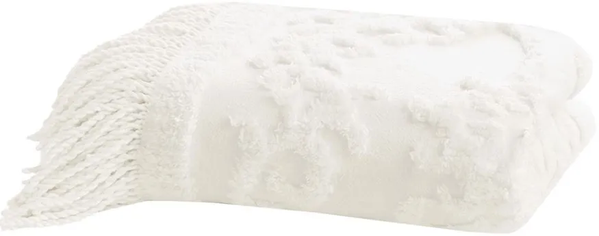 Olliix by Madison Park Chloe Ivory 100% Cotton Tufted Chenille Lightweight Throw with Fringe Tassel