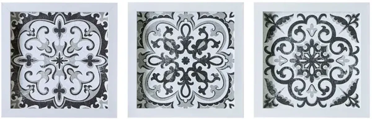 Olliix by Madison Park Montage 3 Black/White Printed Distressed Tile Pattern Decorative Box Wall Art Set