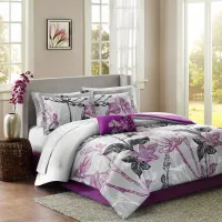 Olliix by Madison Park Essentials Purple Queen Claremont Complete Comforter and Cotton Sheet Set