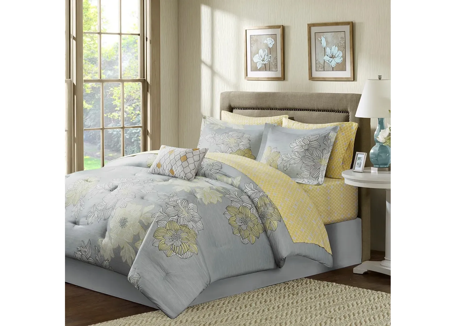 Olliix by Madison Park Essentials Grey Queen Avalon Complete Comforter and Cotton Sheet Set