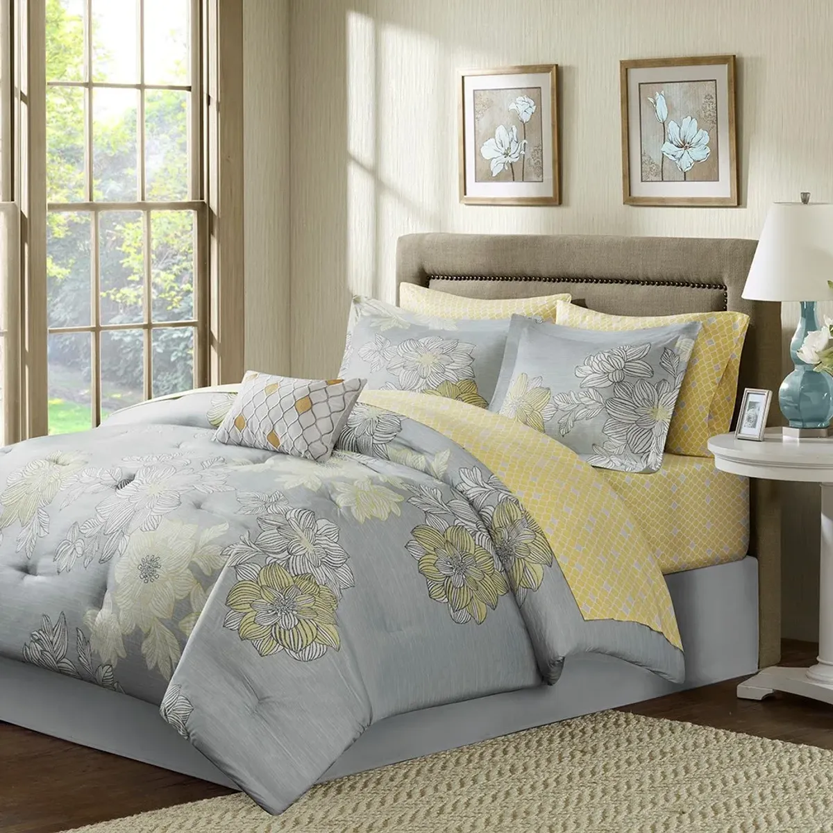 Olliix by Madison Park Essentials Grey Queen Avalon Complete Comforter and Cotton Sheet Set