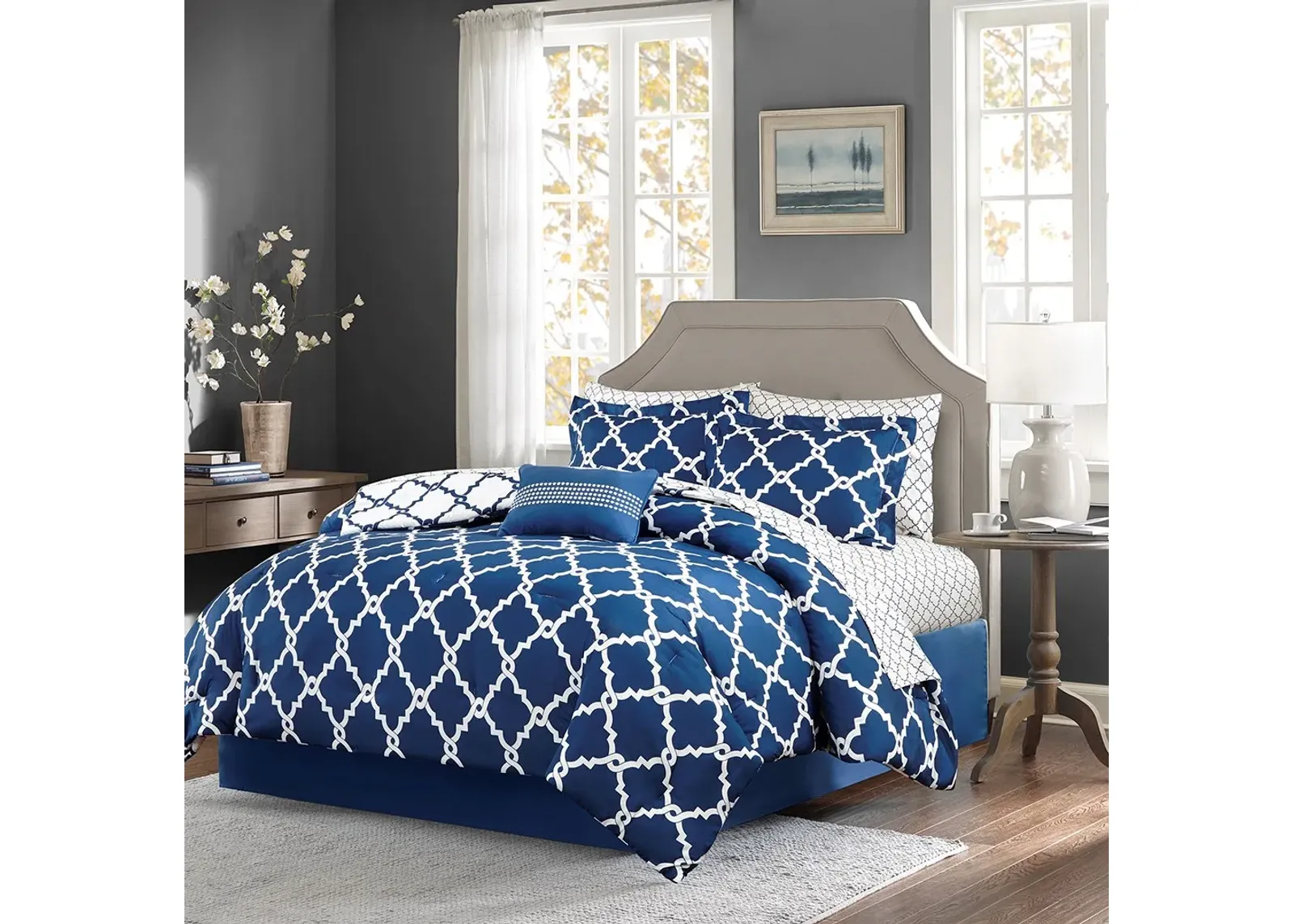 Olliix by Madison Park Essentials Merritt Navy Twin Reversible Complete Comforter and Cotton Sheet Set