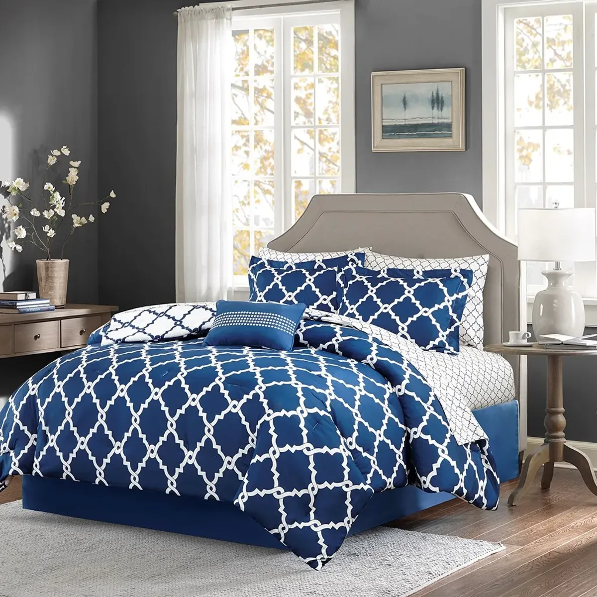 Olliix by Madison Park Essentials Merritt Navy Twin Reversible Complete Comforter and Cotton Sheet Set