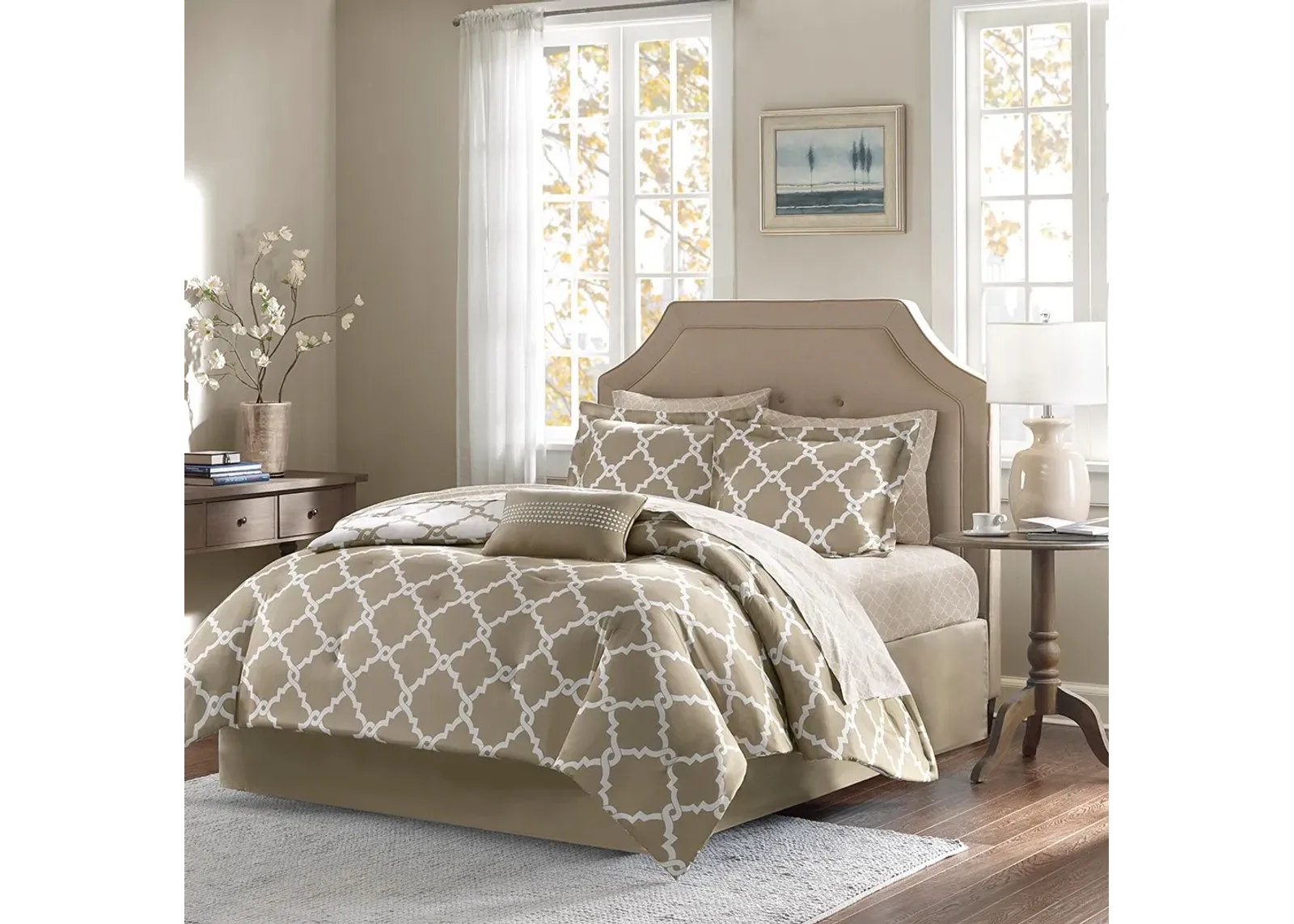 Olliix by Madison Park Essentials Merritt Taupe Queen Reversible Complete Comforter and Cotton Sheet Set