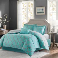 Olliix by Madison Park Essentials Merritt Aqua Grey Queen Reversible Complete Comforter and Cotton Sheet Set