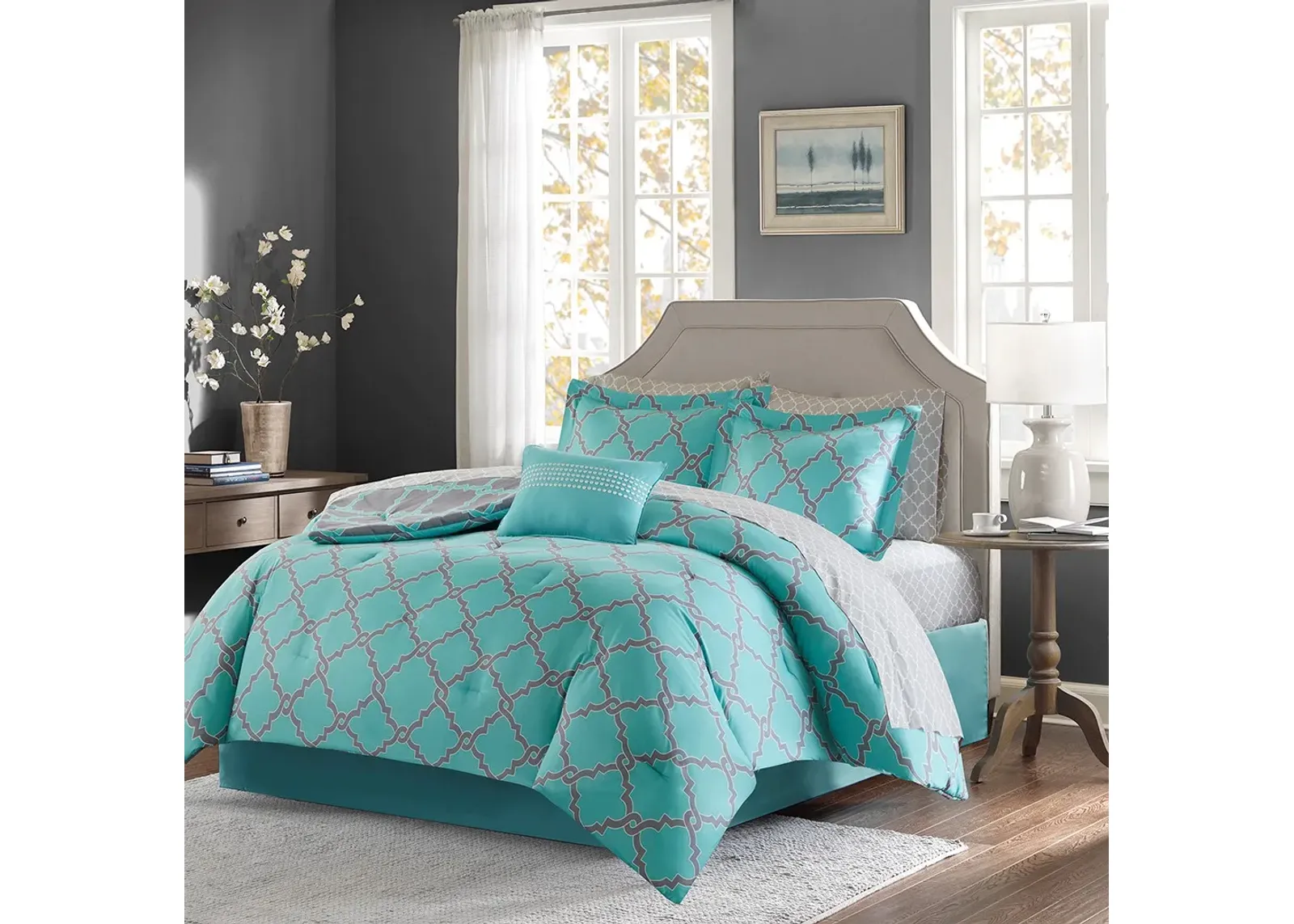 Olliix by Madison Park Essentials Merritt Aqua Grey Queen Reversible Complete Comforter and Cotton Sheet Set