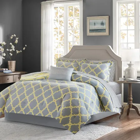 Olliix by Madison Park Essentials Merritt Grey/Yellow Full Reversible Complete Comforter and Cotton Sheet Set