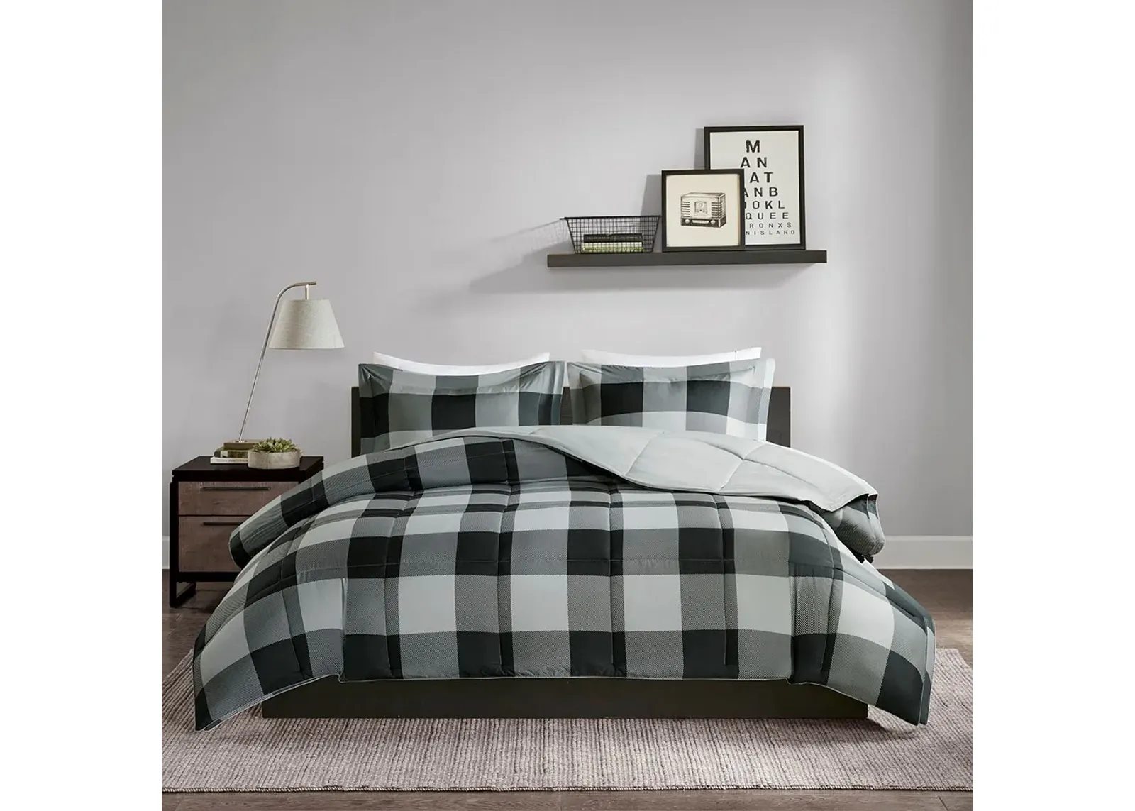 Olliix by Madison Park Essentials Barrett Black/Grey Twin/Twin XL 3M Scotchgard Down Alt Comforter Mini Set