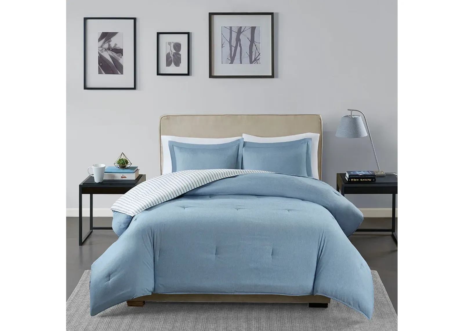 Olliix by Madison Park Essentials Hayden Blue Full/Queen Reversible Yarn Dyed Down Alternative Comforter Set