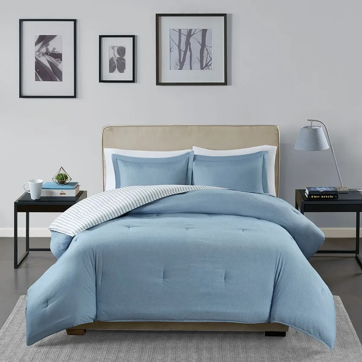 Olliix by Madison Park Essentials Hayden Blue King/California King Reversible Yarn Dyed Down Alternative Comforter Set