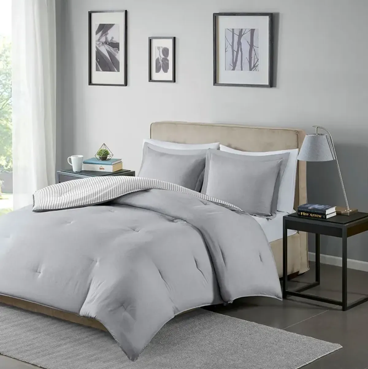 Olliix by Madison Park Essentials Hayden Grey King/California King Reversible Yarn Dyed Down Alternative Comforter Set