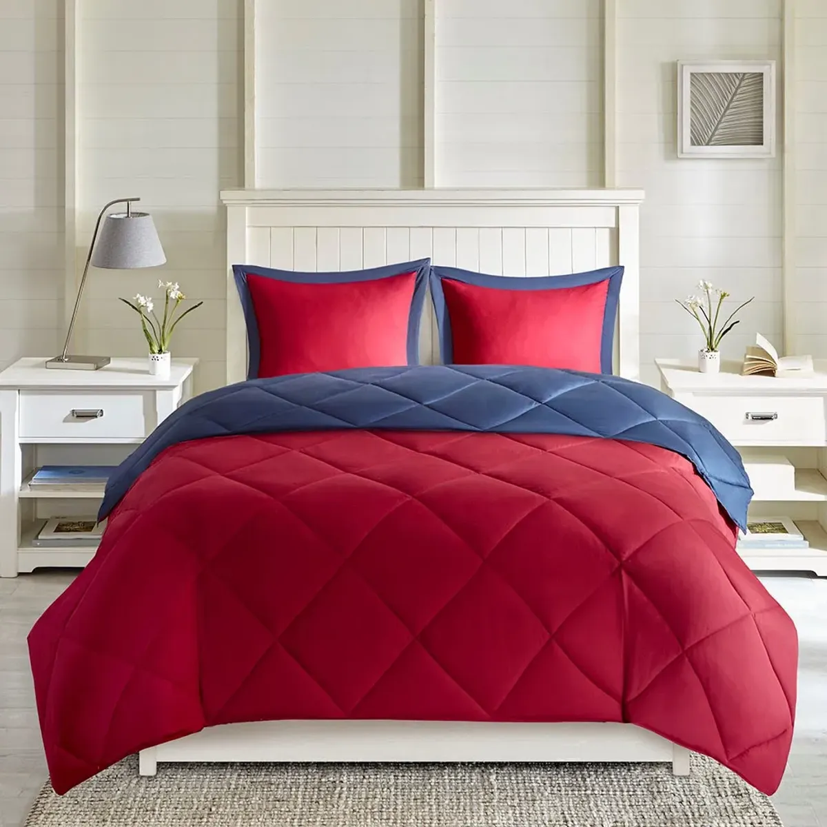 Olliix by Madison Park Essentials Larkspur Red and Navy Twin/Twin XL 3M Scotchgard Reversible Down Alternative Comforter Set