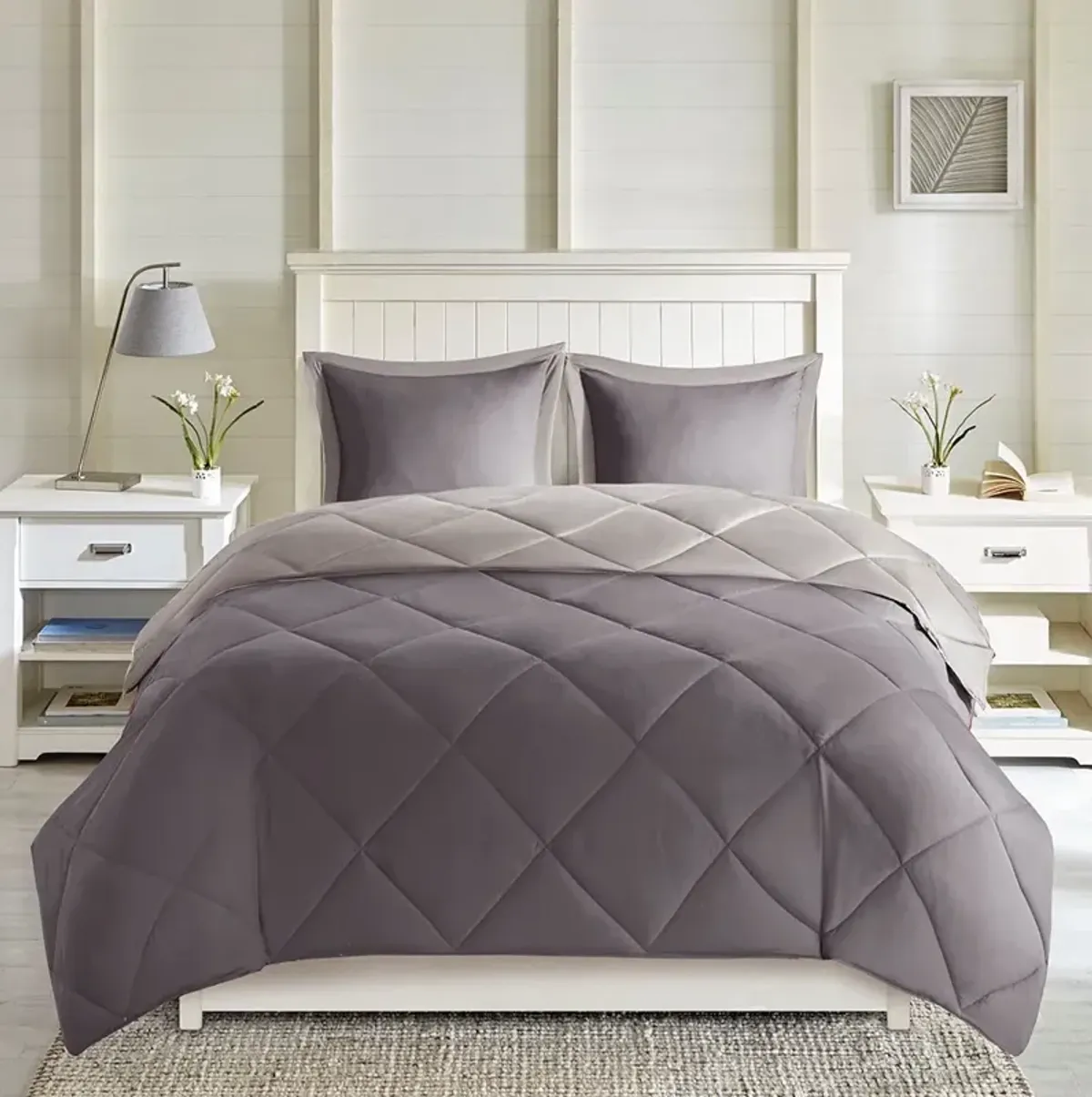 Olliix by Madison Park Essentials Larkspur Charcoal and Grey Full/Queen 3M Scotchgard Reversible Down Alternative Comforter Set