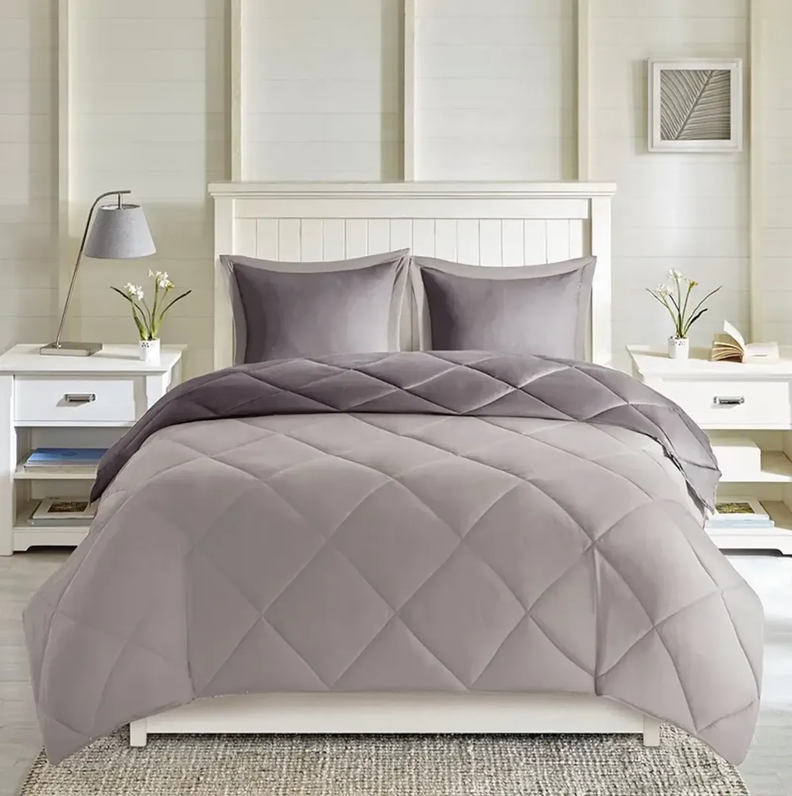 Olliix by Madison Park Essentials Larkspur Charcoal and Grey King 3M Scotchgard Reversible Down Alternative Comforter Set