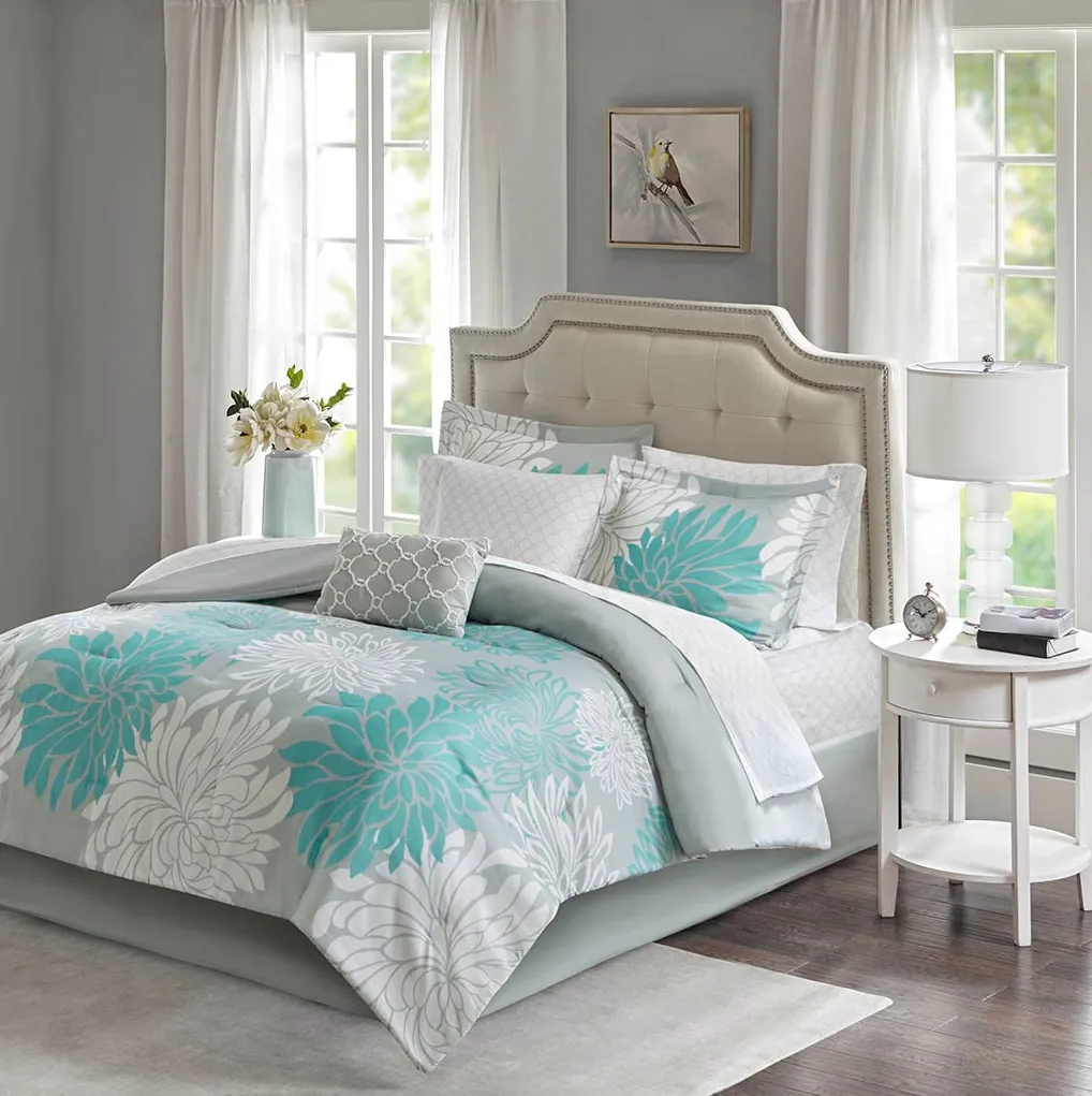 Olliix by Madison Park Essentials Aqua Full Maible Complete Comforter and Cotton Sheet Set