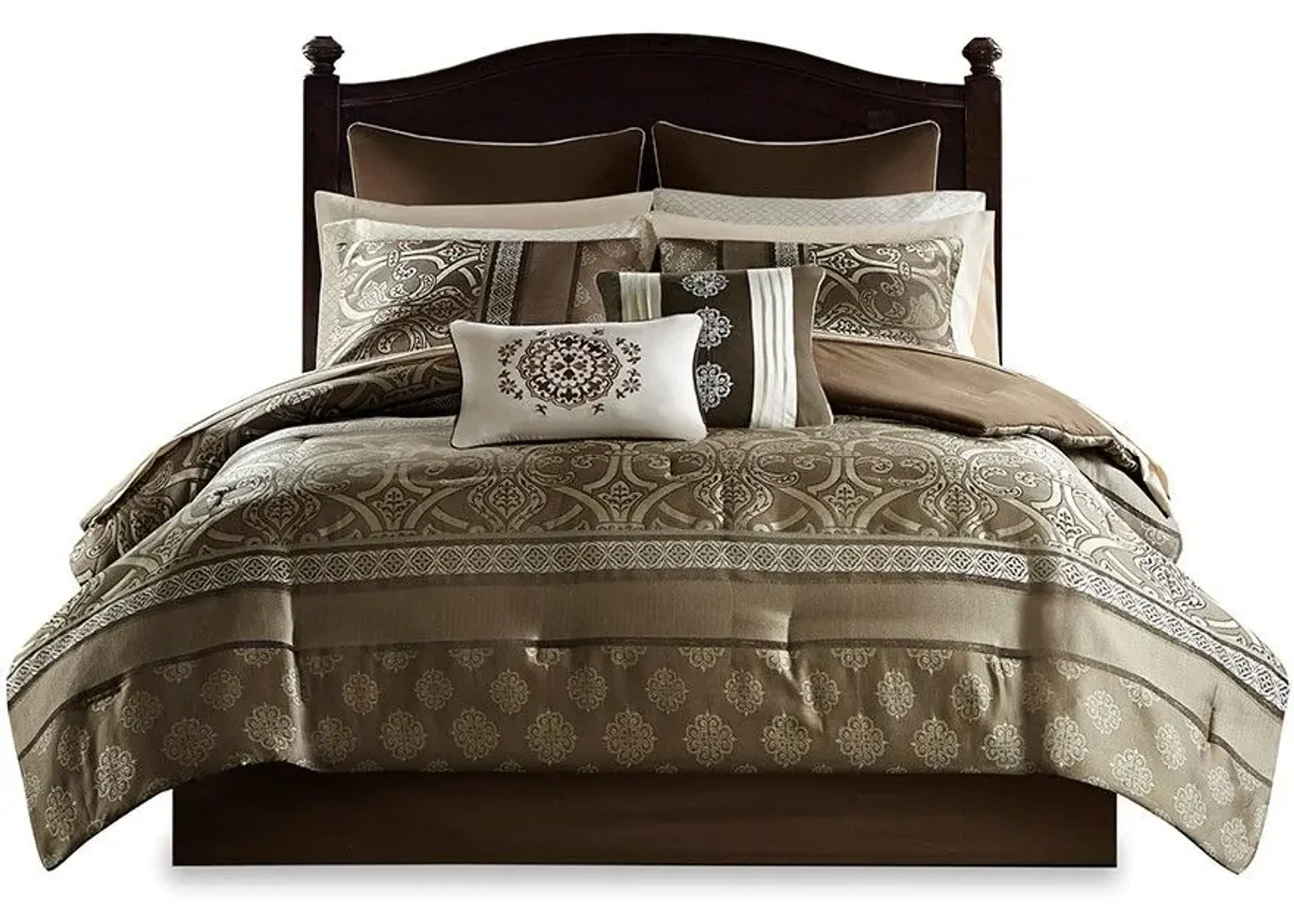 Olliix by Madison Park Essentials 16 Piece Brown Queen Zara Jacquard Complete Bedding Set with 2 Sheet Sets