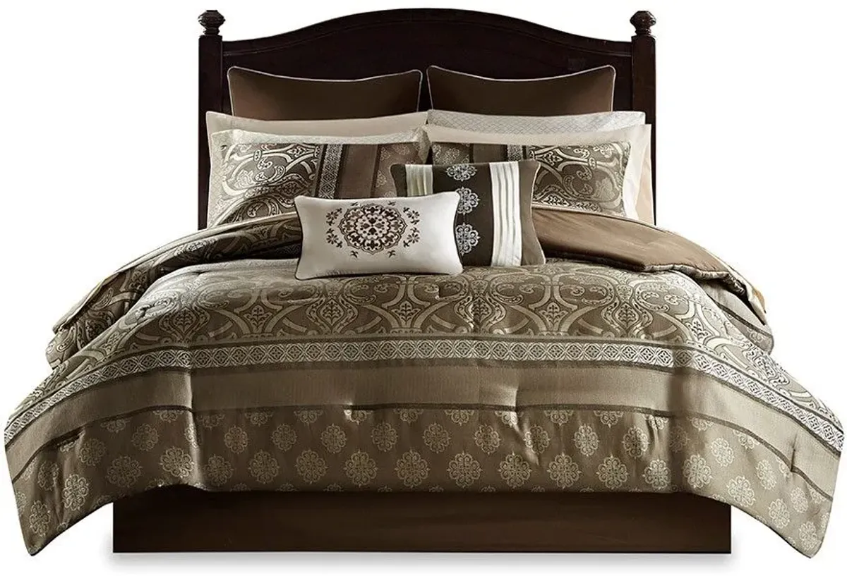 Olliix by Madison Park Essentials 16 Piece Brown Queen Zara Jacquard Complete Bedding Set with 2 Sheet Sets