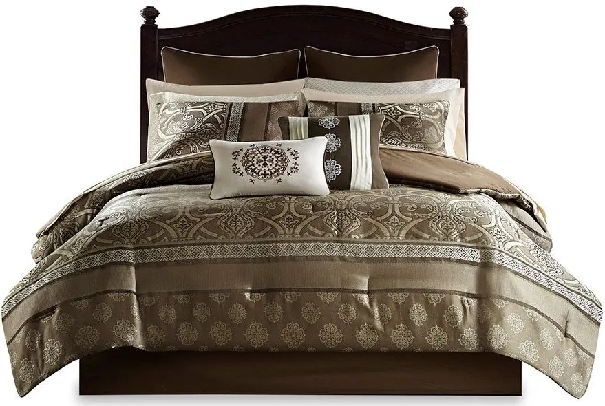 Olliix by Madison Park Essentials 16 Piece Brown Queen Zara Jacquard Complete Bedding Set with 2 Sheet Sets