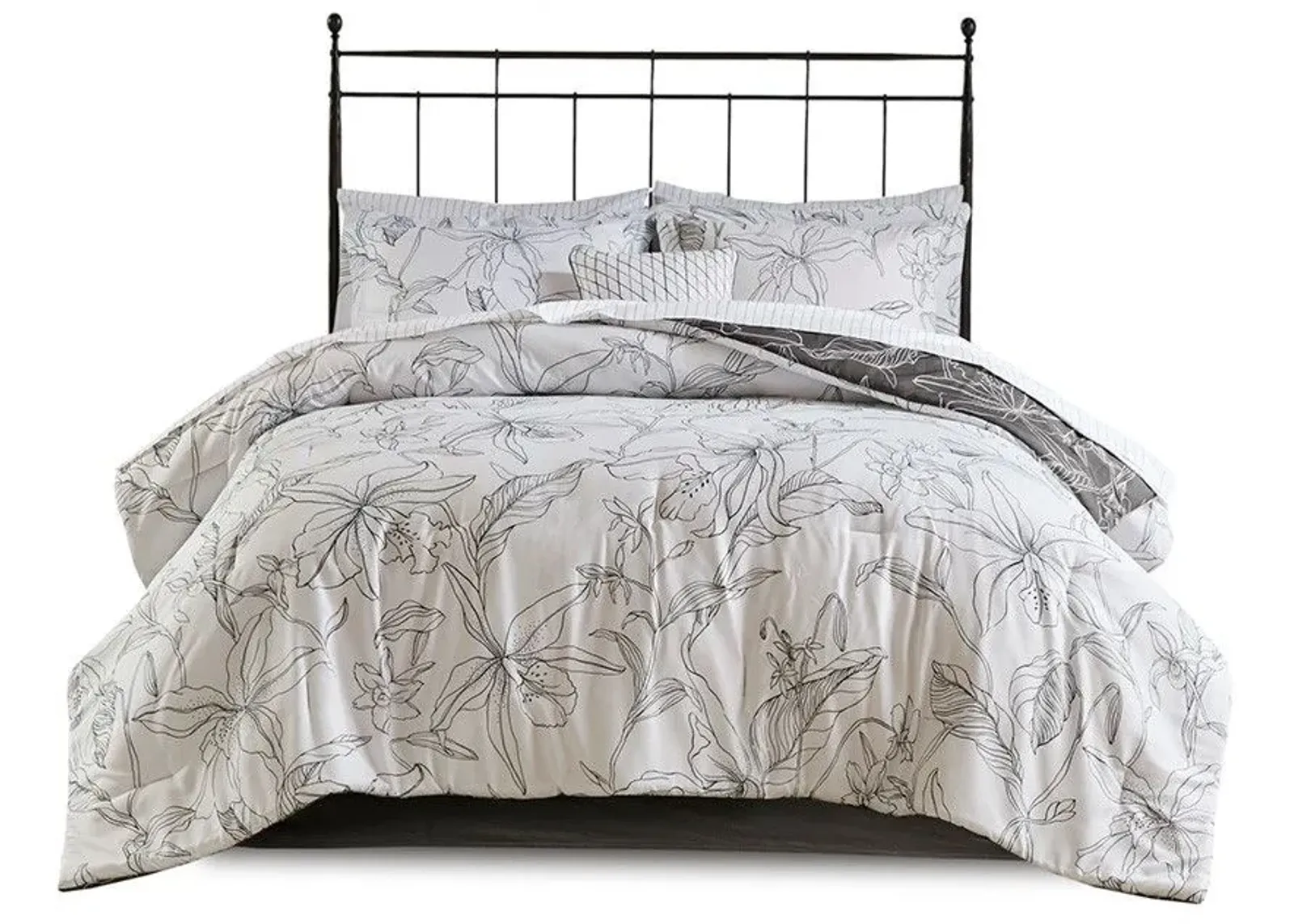 Olliix by Madison Park Essentials White/Charcoal Queen Lilia Reversible Complete Bedding Set with Cotton Sheet