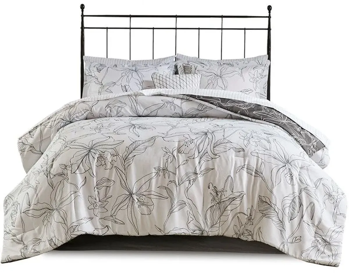 Olliix by Madison Park Essentials White/Charcoal Queen Lilia Reversible Complete Bedding Set with Cotton Sheet