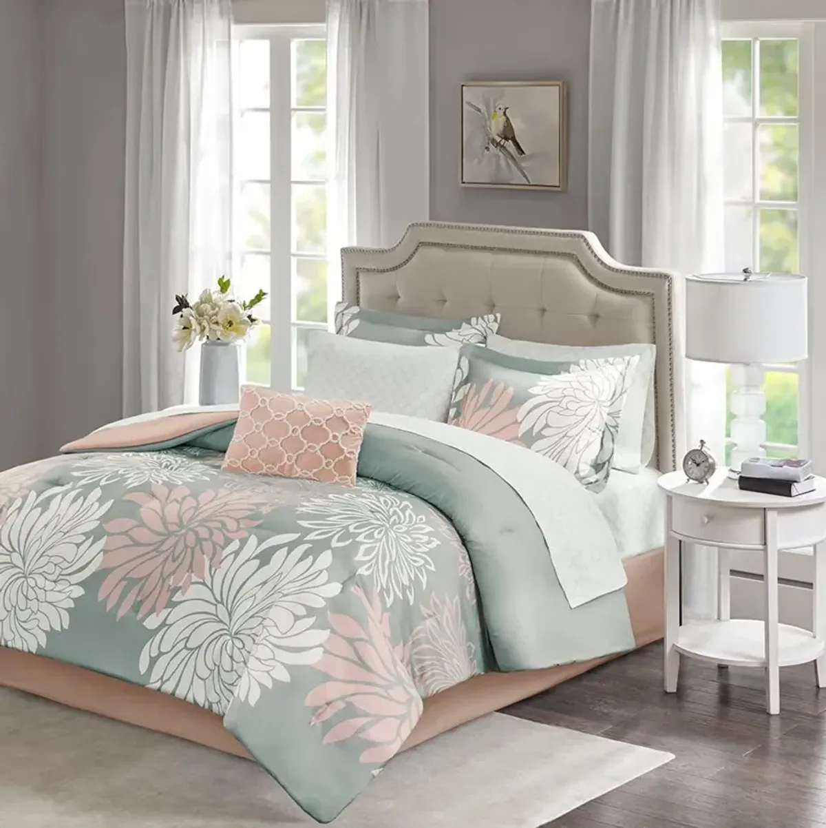 Olliix by Madison Park Essentials Blush/Grey Queen Maible Complete Comforter and Cotton Sheet Set