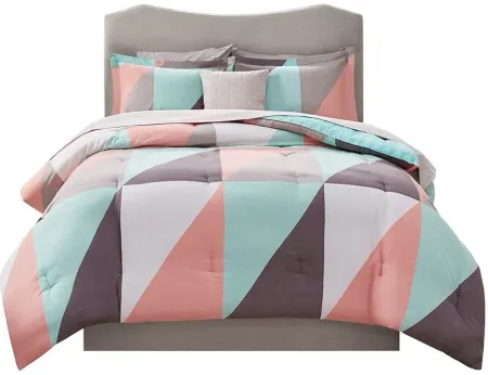 Olliix by Madison Park Essentials Aqua Queen Remy Reversible Complete Bed Set including Sheets