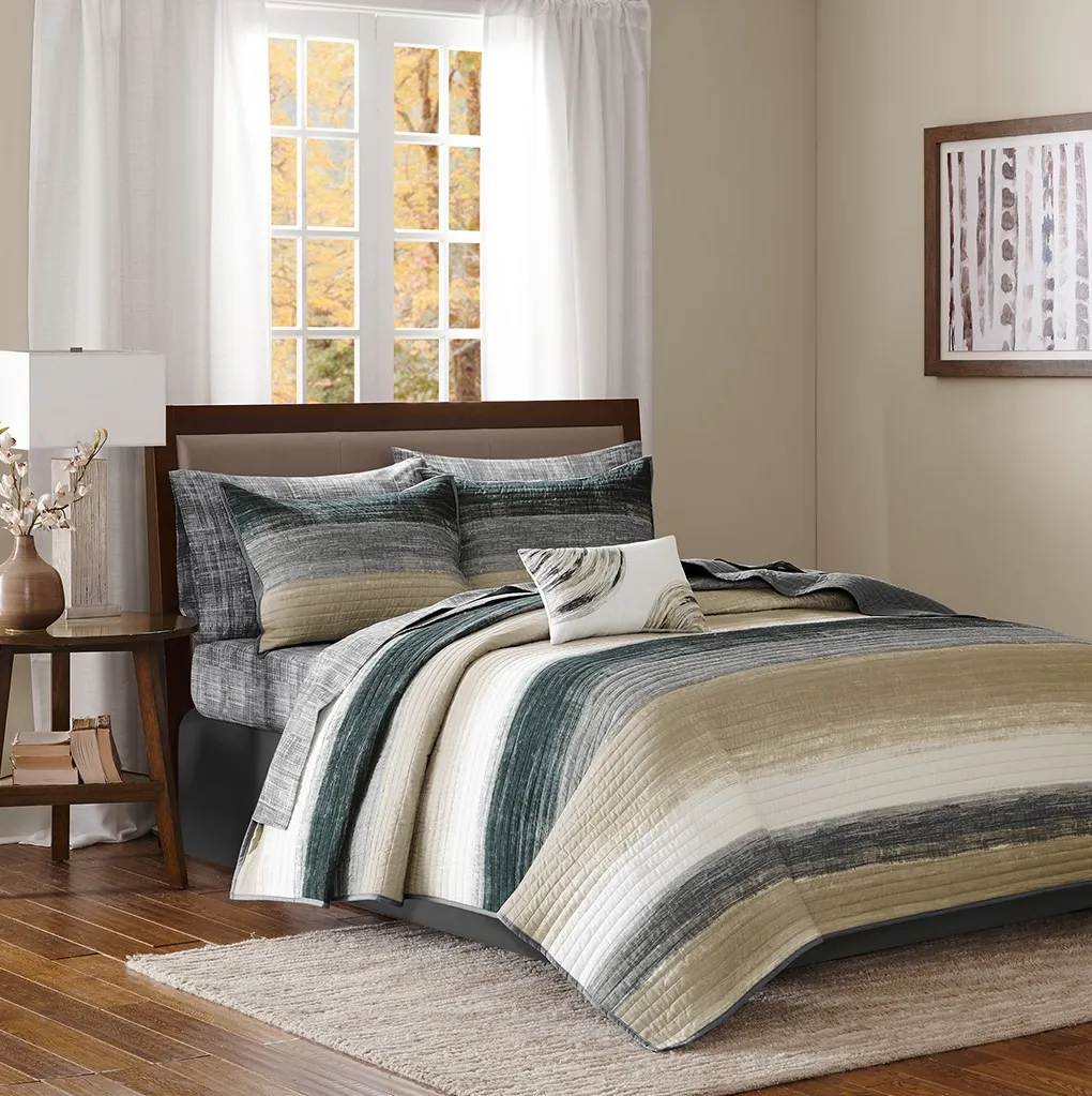 Olliix by Madison Park Essentials Saben Taupe Twin Complete Reversible Coverlet and Cotton Sheet Set