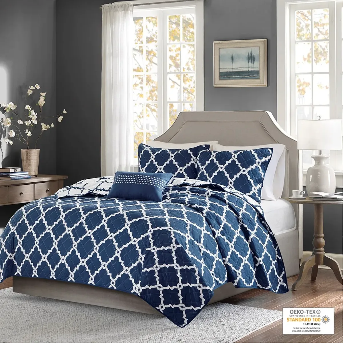 Olliix by Madison Park Essentials Merritt 4 Piece Navy Full/Queen Reversible Coverlet Set