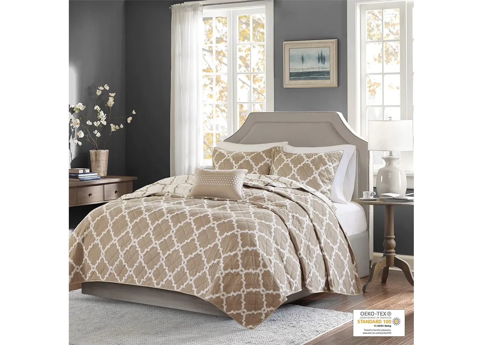 Olliix by Madison Park Essentials Merritt 4 Piece Taupe Full/Queen Reversible Coverlet Set