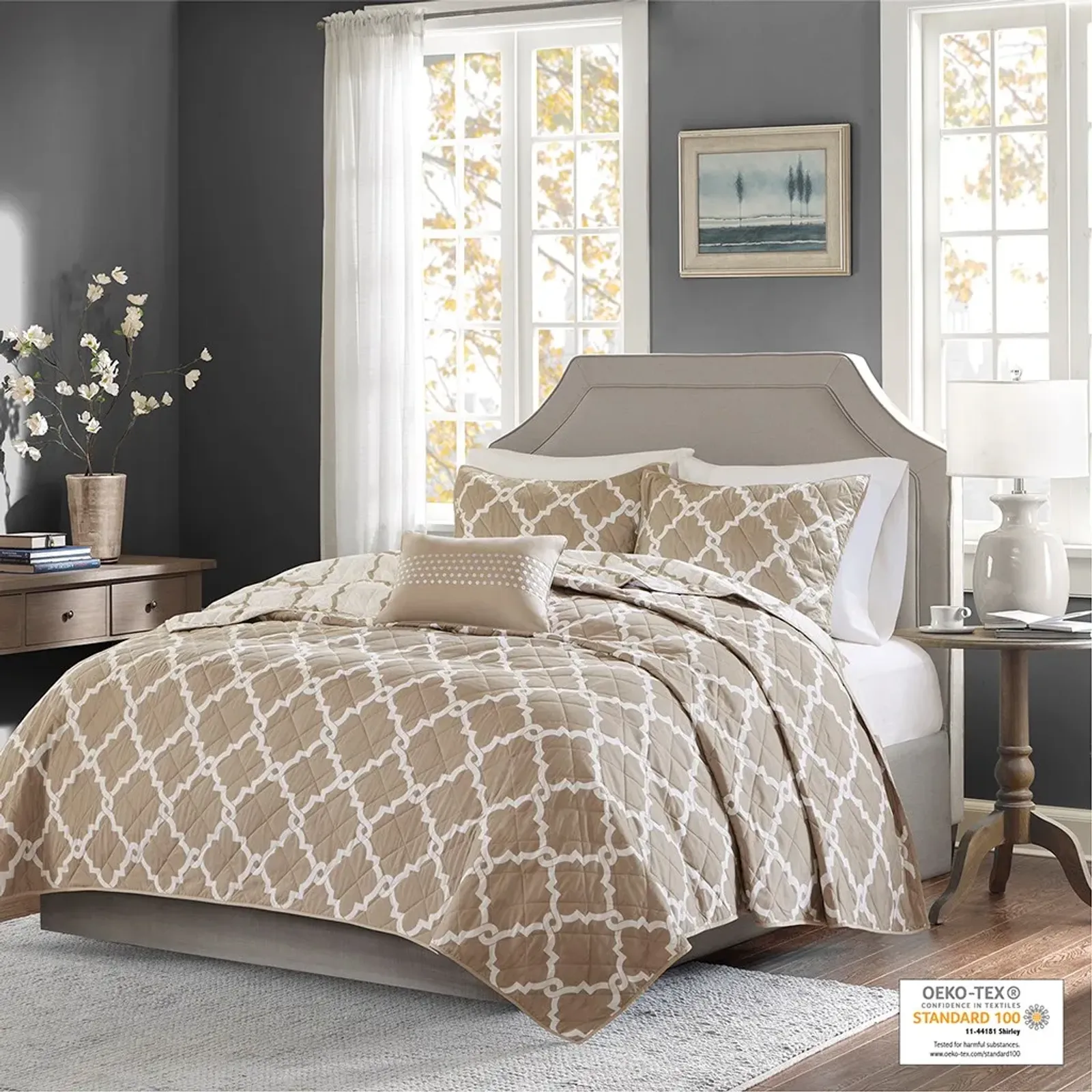 Olliix by Madison Park Essentials Merritt 4 Piece Taupe Full/Queen Reversible Coverlet Set