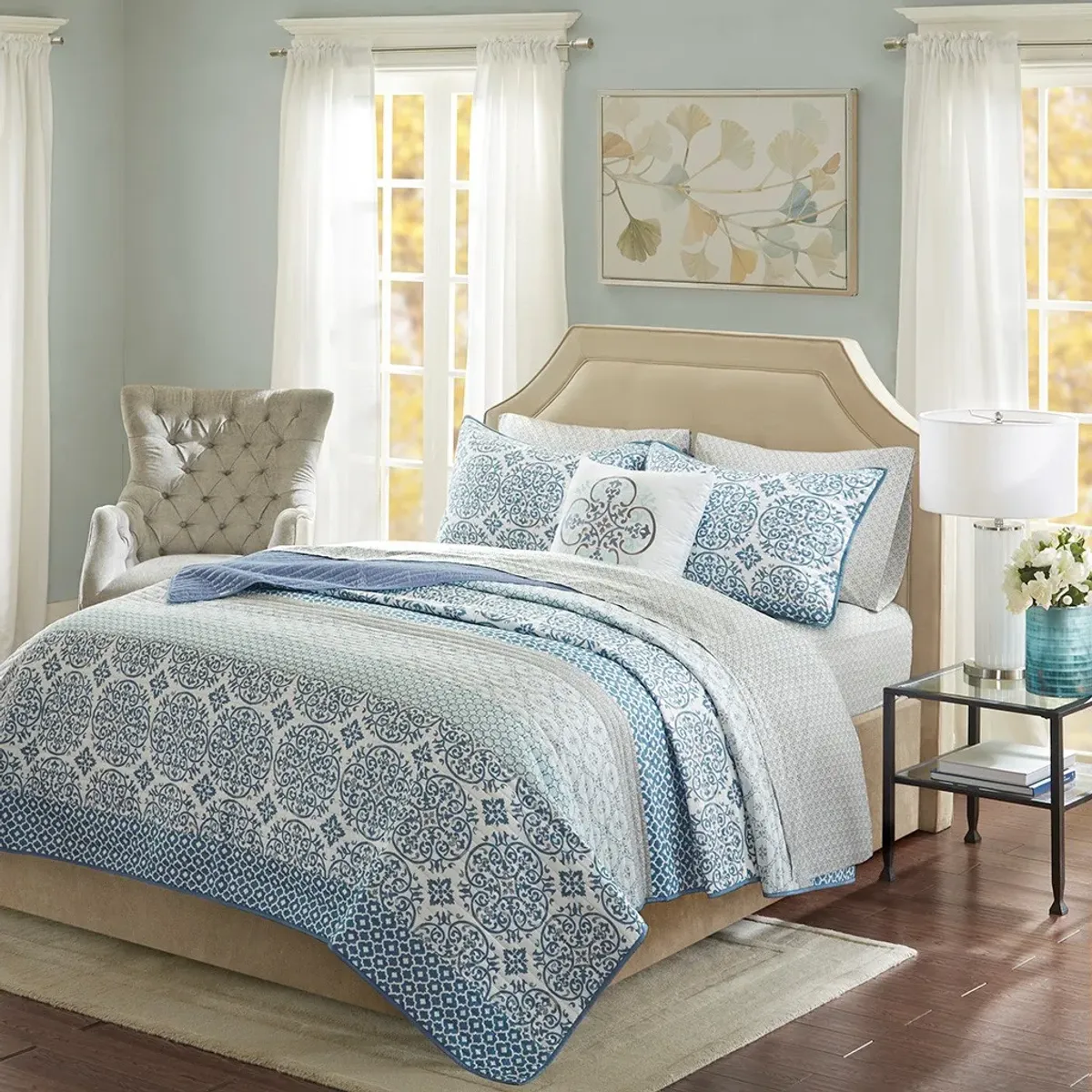 Olliix by Madison Park Essentials Sybil Blue Twin Complete Reversible Coverlet and Cotton Sheet Set