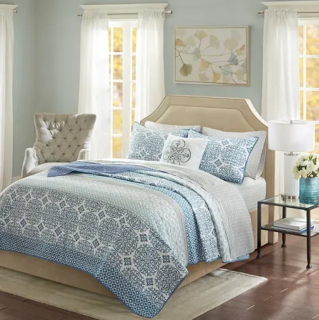 Olliix by Madison Park Essentials Sybil Blue Twin Complete Reversible Coverlet and Cotton Sheet Set