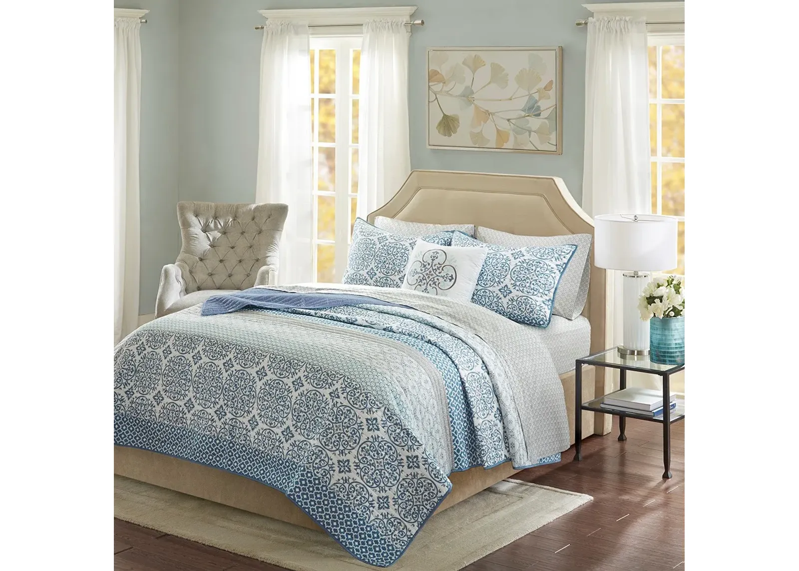 Olliix by Madison Park Essentials Sybil Blue Full Complete Reversible Coverlet and Cotton Sheet Set