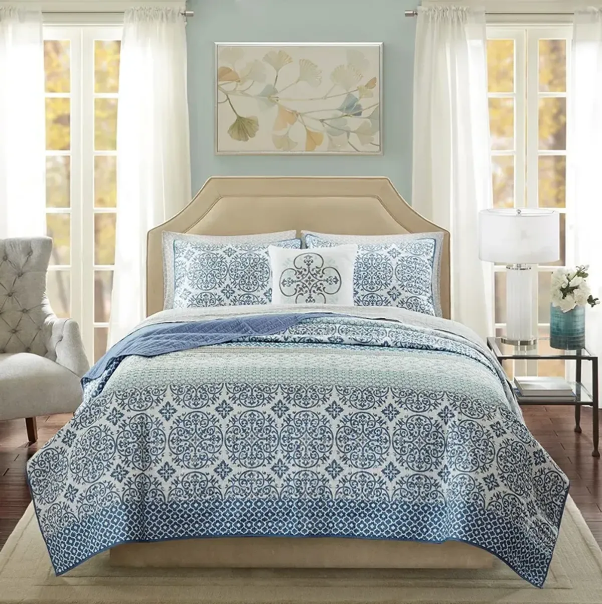 Olliix by Madison Park Essentials Sybil Blue King Complete Reversible Coverlet and Cotton Sheet Set