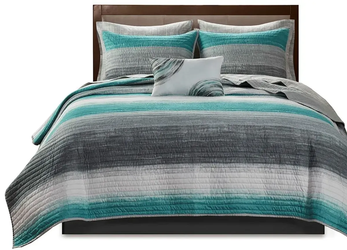 Olliix by Madison Park Essentials Saben Aqua Full Complete Reversible Coverlet and Cotton Sheet Set