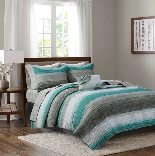 Olliix by Madison Park Essentials Saben Aqua Queen Complete Reversible Coverlet and Cotton Sheet Set