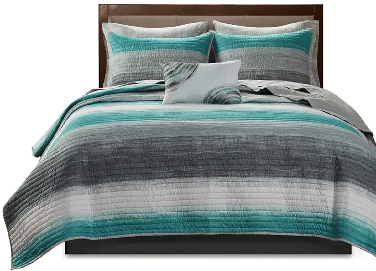 Olliix by Madison Park Essentials Saben Aqua King Complete Reversible Coverlet and Cotton Sheet Set