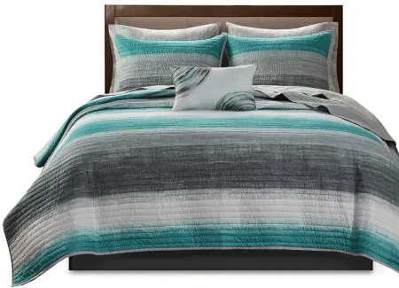 Olliix by Madison Park Essentials Saben Aqua California King Complete Reversible Coverlet and Cotton Sheet Set