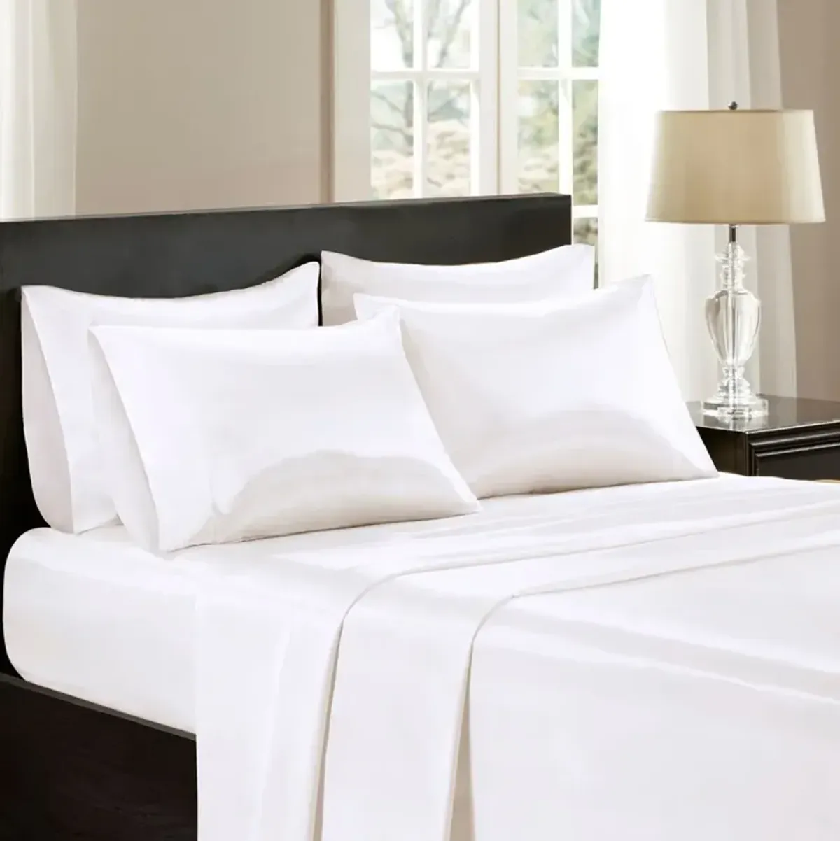Olliix by Madison Park Essentials Satin 6 Pieces White King Wrinkle-Free Luxurious Sheet Set