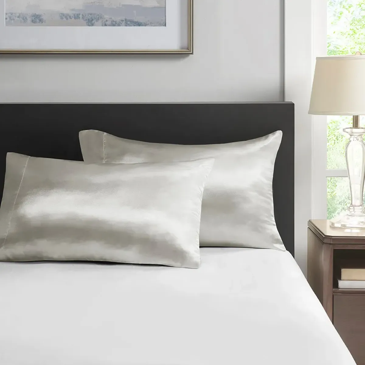 Olliix by Madison Park Essentials Satin 2-Piece Light Grey Standard Pillowcases