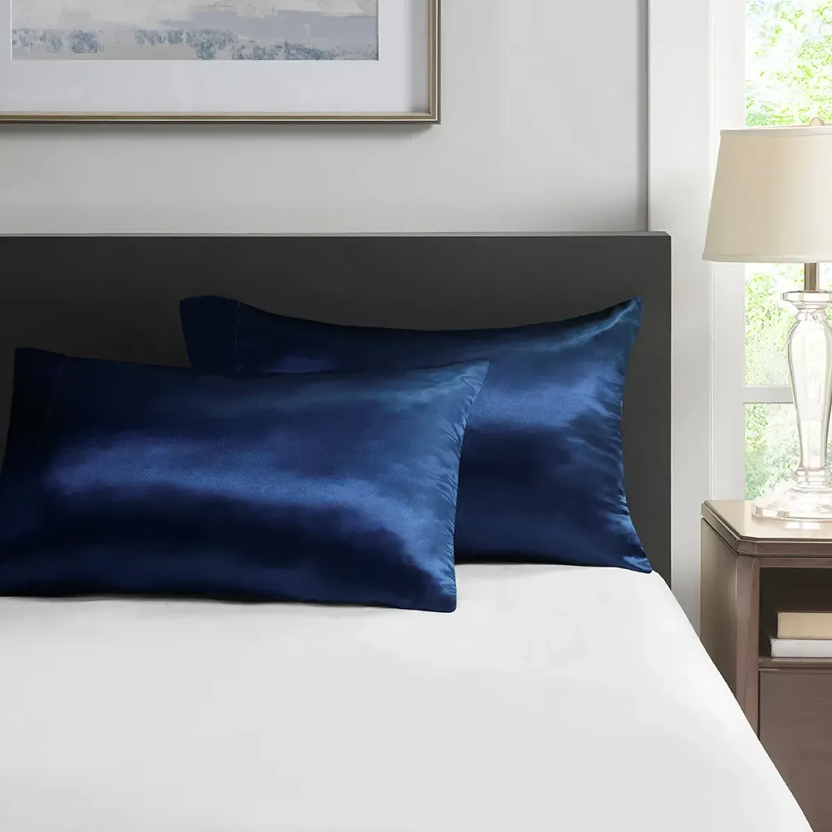 Olliix by Madison Park Essentials Satin 2 Piece Navy Standard Pillowcases