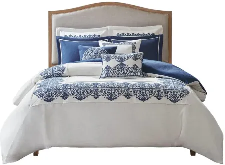 Olliix by Madison Park Signature Indigo Sky Off White/Blue Queen Faux Linen Oversized Comforter Set