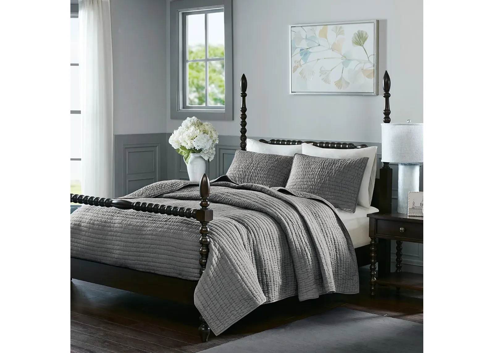 Olliix by Madison Park Signature Serene Grey Full/Queen Cotton Hand Quilted Coverlet Set