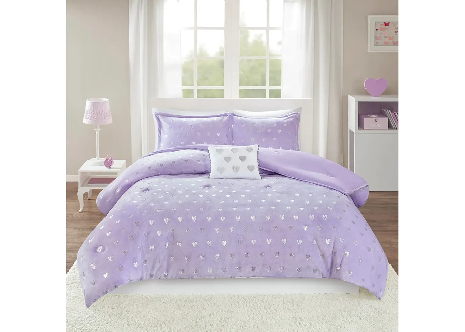 Olliix by Mi Zone Rosalie Purple and Silver Full/Queen Metallic Printed Plush Comforter Set