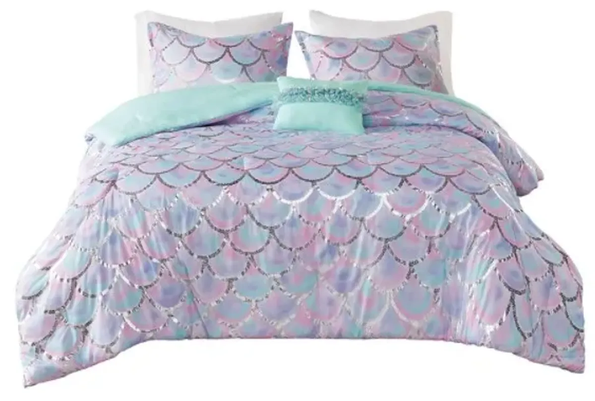 Olliix by Mi Zone Pearl Aqua and Purple Full/Queen Metallic Printed Reversible Comforter Set