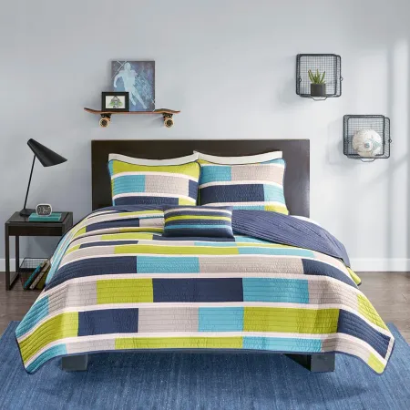 Olliix by Mi Zone Bradley Blue and Lime Green Twin/Twin XL Reversible Coverlet Set