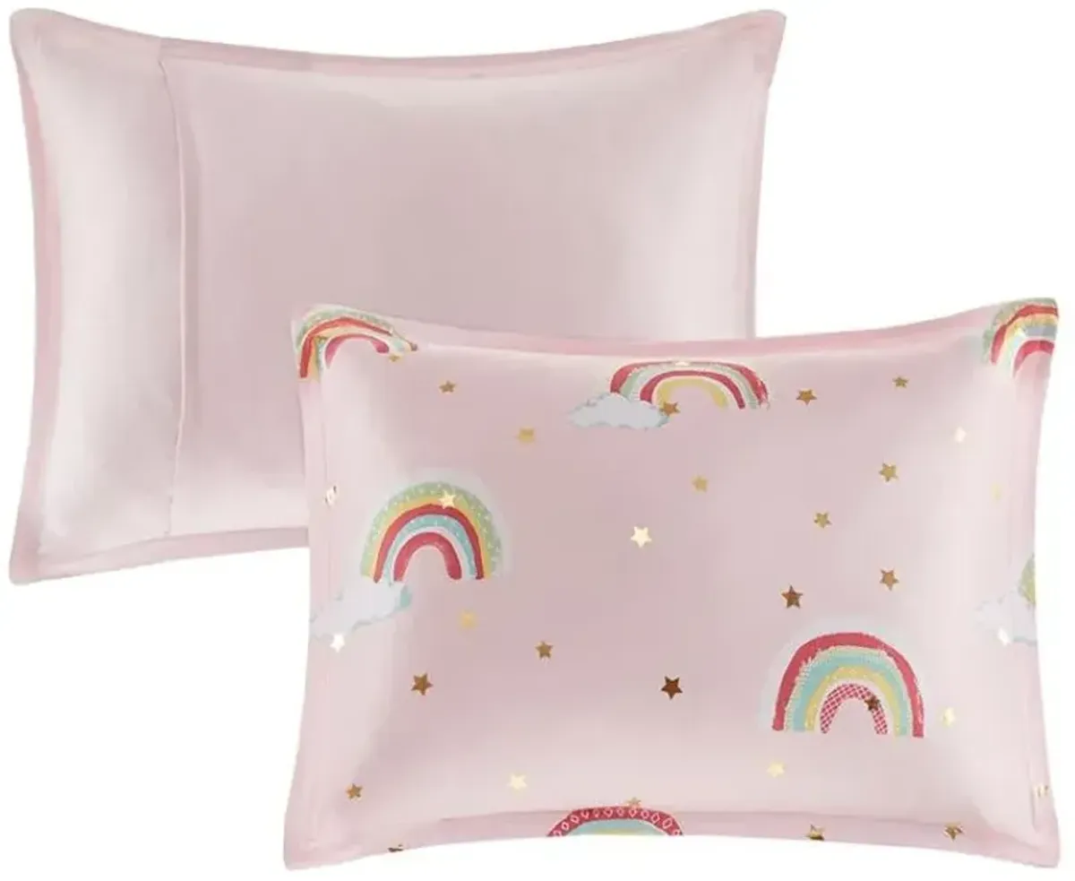 Olliix by Mi Zone Kids Alicia Pink Twin Rainbow Metallic Printed Stars Complete Bed and Sheet Set