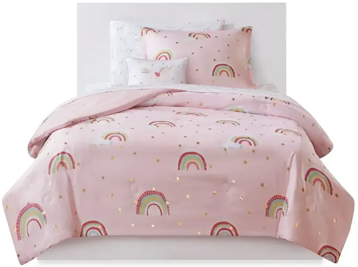 Olliix by Mi Zone Kids Alicia Pink Twin Rainbow Metallic Printed Stars Complete Bed and Sheet Set