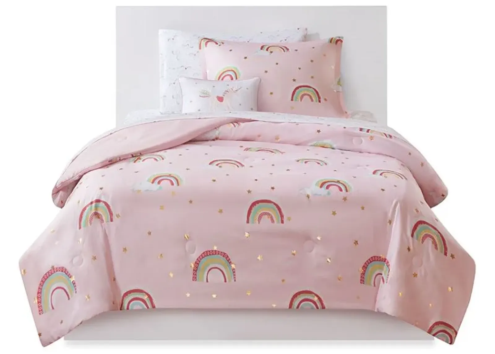 Olliix by Mi Zone Kids Alicia Pink Full Rainbow Metallic Printed Stars Complete Bed and Sheet Set